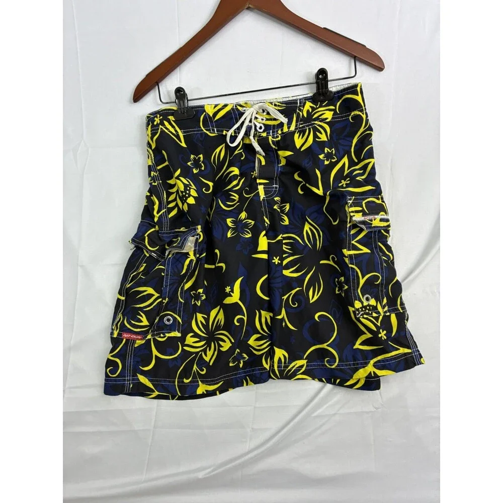 Rip Curl Mens Floral Board Shorts Black Yellow Blue Cargo Surf Swim Trunks 30